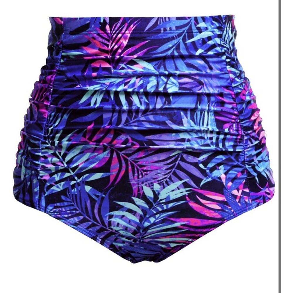 Tempt Me Women High Waisted Swimsuit Bottom Purple Leaves Tummy Control Ruched L